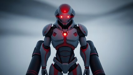 A futuristic robot with glowing red eyes and chest light