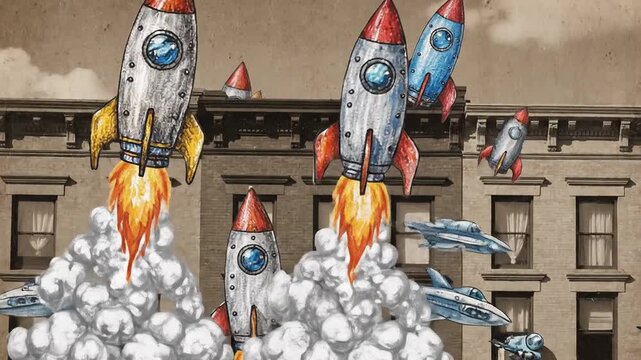 Rockets launching old building reflects creativity imagination