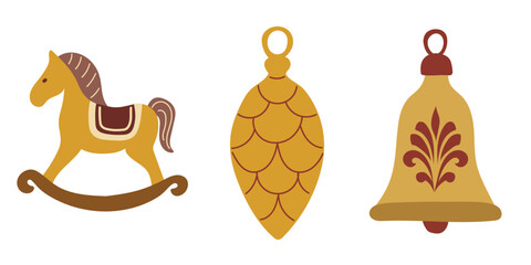 Retro Christmas toys in gold color.