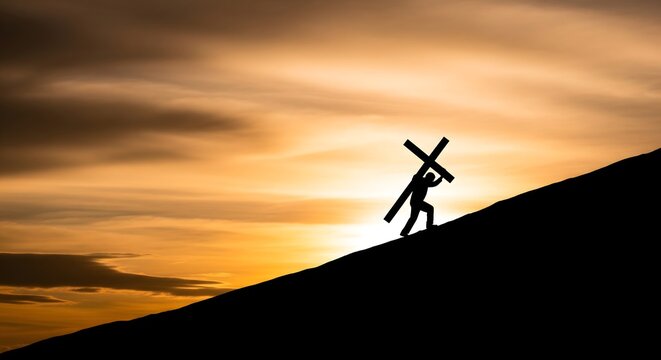 Silhouette of man carrying cross uphill at sunset, faith and devotion journey, Christian belief, sacrifice, perseverance and spiritual struggle against dramatic sky