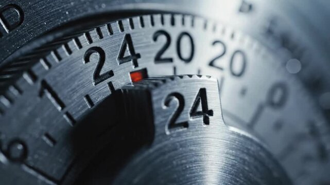 Close-up of a metal combination lock dial with numbers representing security access and time perfect for concepts of safety and protection