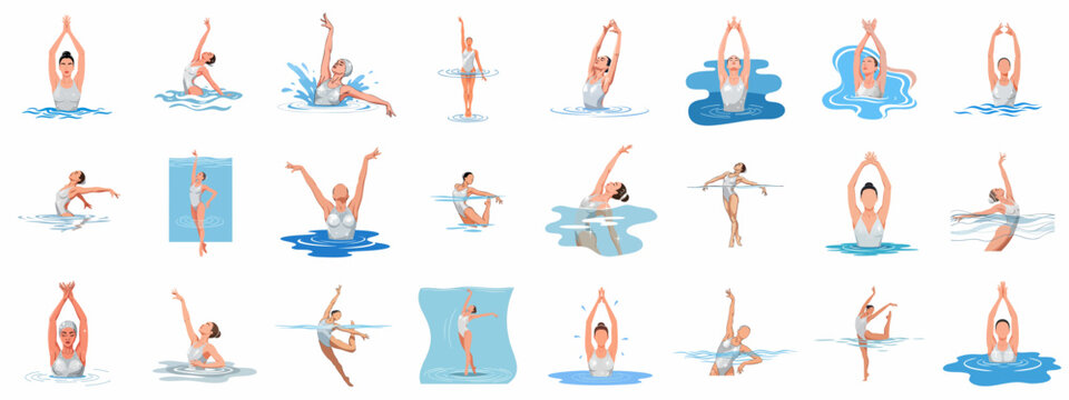 Vector illustration set of artistic swimming women performing various graceful synchronized water ballet poses.