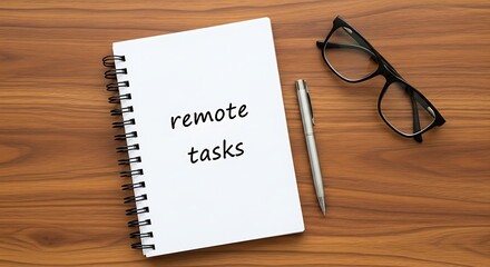 A notebook with the words remote tasks written on it, a pen, and glasses on a wooden desk, representing remote work and productivity