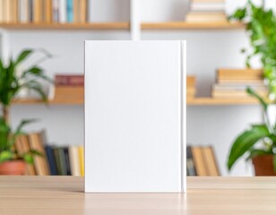 Blank Book Cover Mockup with Cozy Home Library Background