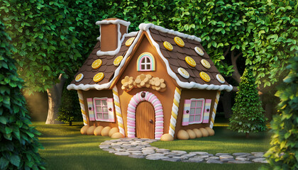 Whimsical Gingerbread House in Enchanted Forest Setting.