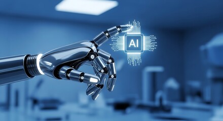 Closeup of a metallic robot hand interacting with a luminous ai chip in a futuristic lab setting