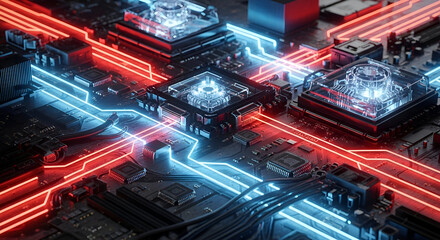 Futuristic circuit board design with glowing red and blue pathways, perfect for tech presentations and data visualization, showcasing digital innovation