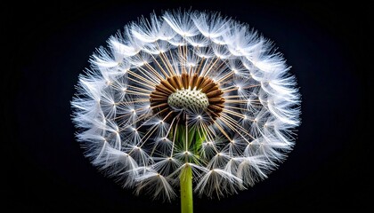 Close-up of illuminated dandelion seed head—radial symmetry and feathery white pappus on dark background.