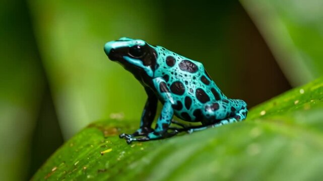 A vibrantly colored poison dart frog perches on a leaf in a natural habitat setting