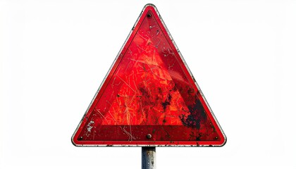 Red, weathered triangular road sign on a pole