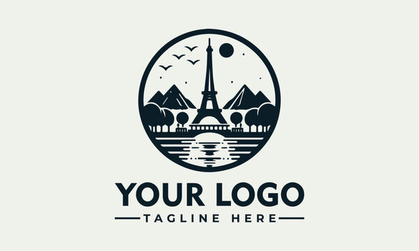 Minimalist Paris landmark tower landscape in circular badge, vector. logo. illustration