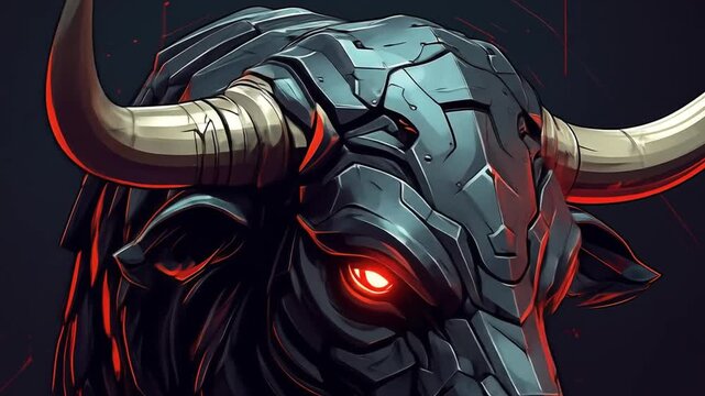 A robotic bull with glowing red eyes. Its armored head shows details with horns. Dark background