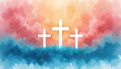 Easter Christian background with three white crosses on watercolor sunrise in pink orange blue