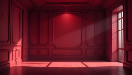 Attractive ruby red 3D room background with dramatic low light shading and soft vignette effect