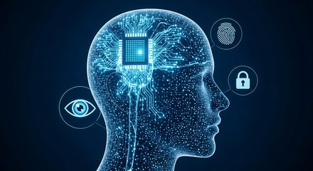 Abstract human head silhouette with glowing circuits and ai chip, symbolizing artificial intelligence and cognitive technology