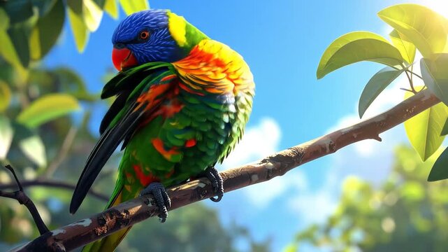 A vibrant parrot preens, tucked on a branch with sunlit leaves and clear blue sky