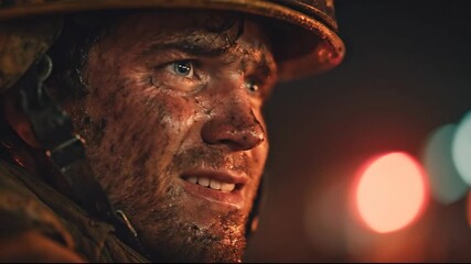 A gritty close-up of a determined firefighter at night.