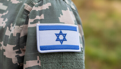 Obraz premium Patch on an Israeli soldier's uniform. The Israeli flag as a symbol of the Israeli army.
