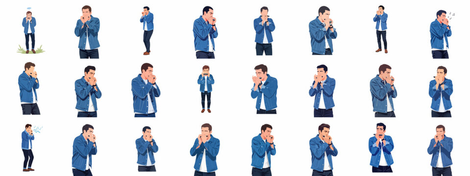A Man Playing Harmonica: Various Poses and Expressions Vector Set. Musician Performing Blues or Folk Music Isolated on White Background.