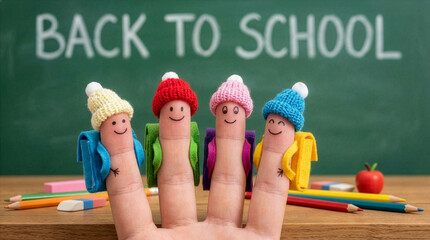 Funny decorated fingers symbolize schoolchildren going back to school after the holidays. Back to School Concept