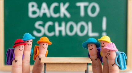 Funny decorated fingers symbolize schoolchildren going back to school after the holidays. Back to School Concept