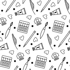 Seamless pattern with art supplies. Doodle art supplies pattern.