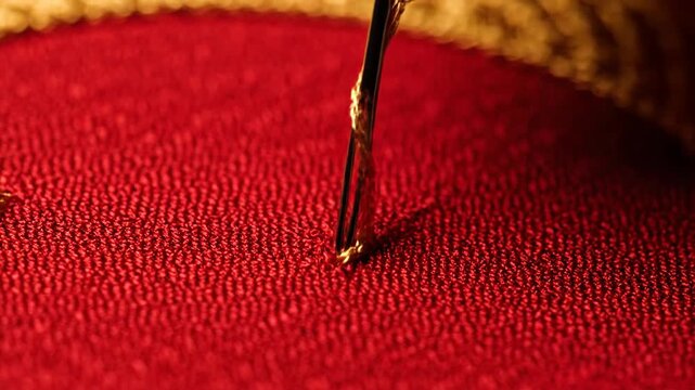 Sewing Needle Stitching Red Fabric Closeup.