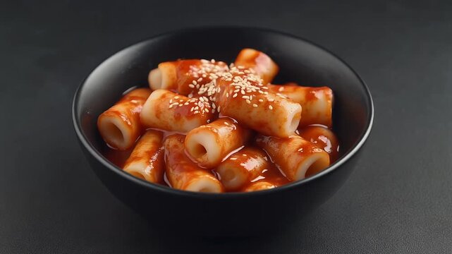 Close up of Tteokbokki Rice Cakes in Spicy Red Sauce Garnished with Sesame Seeds in a Black Bowl