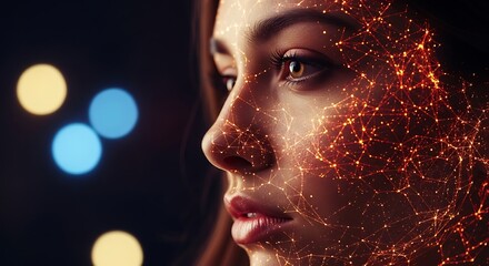 Closeup profile of a womans face illuminated by a network of glowing digital connections, representing ai, data, and futuristic technology