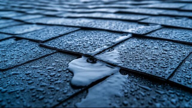 Close-up of wet shingles with water droplets creating a textured surface.