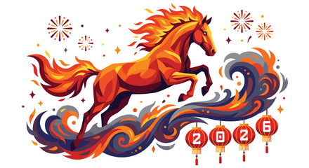 Leaping red horse over curling ocean waves, sparkling firework stars, lantern year 2026, dynamic lunar new year night in bright gold