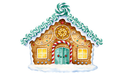 Whimsical Gingerbread House with Icing Decorations and Snow.