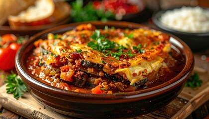 Fototapeta premium Delicious Eggplant Moussaka with Tomato Sauce and Herbs.
