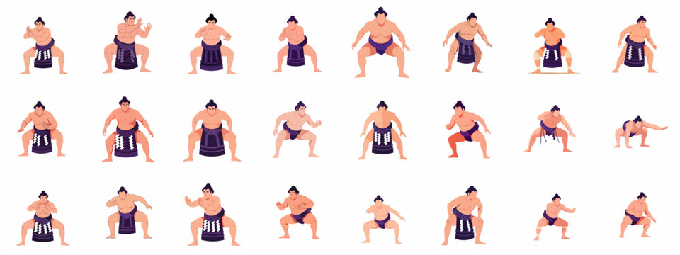 Sumo wrestler poses set: various illustrations of Japanese rikishi performing traditional stances, exercises, and actions in flat vector style.