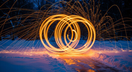 Long exposure photograph capturing vibrant circular light trails created by spinning fire in a snowy landscape, showcasing dynamic movement and artistic expression in winter night