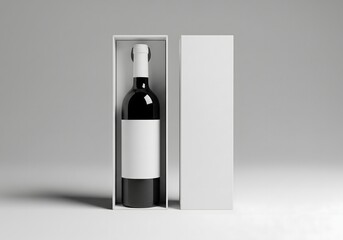 Wine bottle with blank label beside white packaging box on neutral background, minimalist product mockup for branding, premium beverage presentation and studio still life