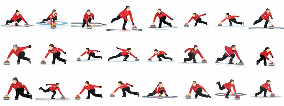 Female Curling Player Delivering Stone Vector Illustration Set showing various sliding techniques and poses on the ice sheet.
