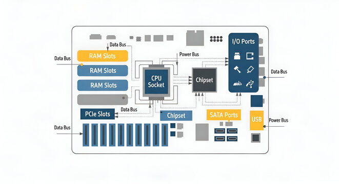 Detailed computer motherboard diagram with clearly labeled components like RAM slots, CPU socket, chipset, I/O ports, and data buses, perfect for tech education or design