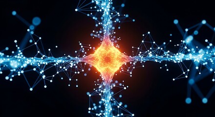 Abstract glowing network of interconnected nodes and lines, representing data flow and artificial intelligence, with a bright orange core