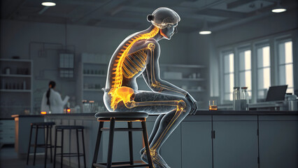 3D illustration of back pain on a chair