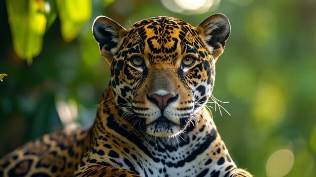 Majestic jaguar portrait in natural habitat, facing the camera, with spotted fur