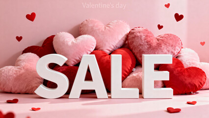 Valentine's Day sale promotion with heart-shaped pillows and large 'SALE' letters on a pink background