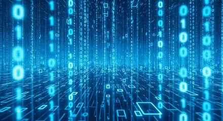 Abstract visualization of binary code falling like rain in a digital matrix, representing data processing and cyberspace