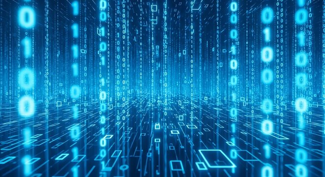 Abstract visualization of binary code falling like rain in a digital matrix, representing data processing and cyberspace - Powered by Adobe