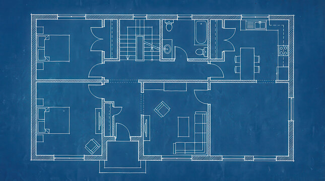 Detailed blueprint of a residential house floor plan showing multiple rooms and architectural layout.