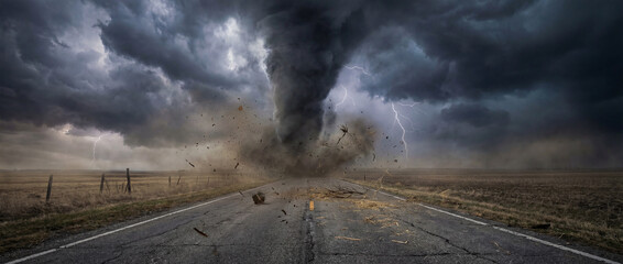 Powerful tornado crossing rural road in stormy landscape, extreme weather disaster
