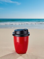 Obraz premium Red travel mug on a sunny beach with ocean in background