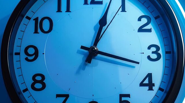 Close-up of a blue analog clock face, black numerals and hands, a visual of the passing time