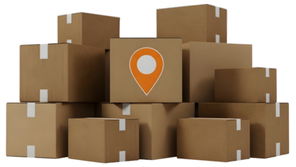 Stack of brown cardboard boxes with a location pin logo