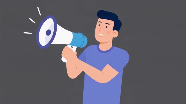 Flat vector illustration- Male character holding a huge, stylized megaphone making 